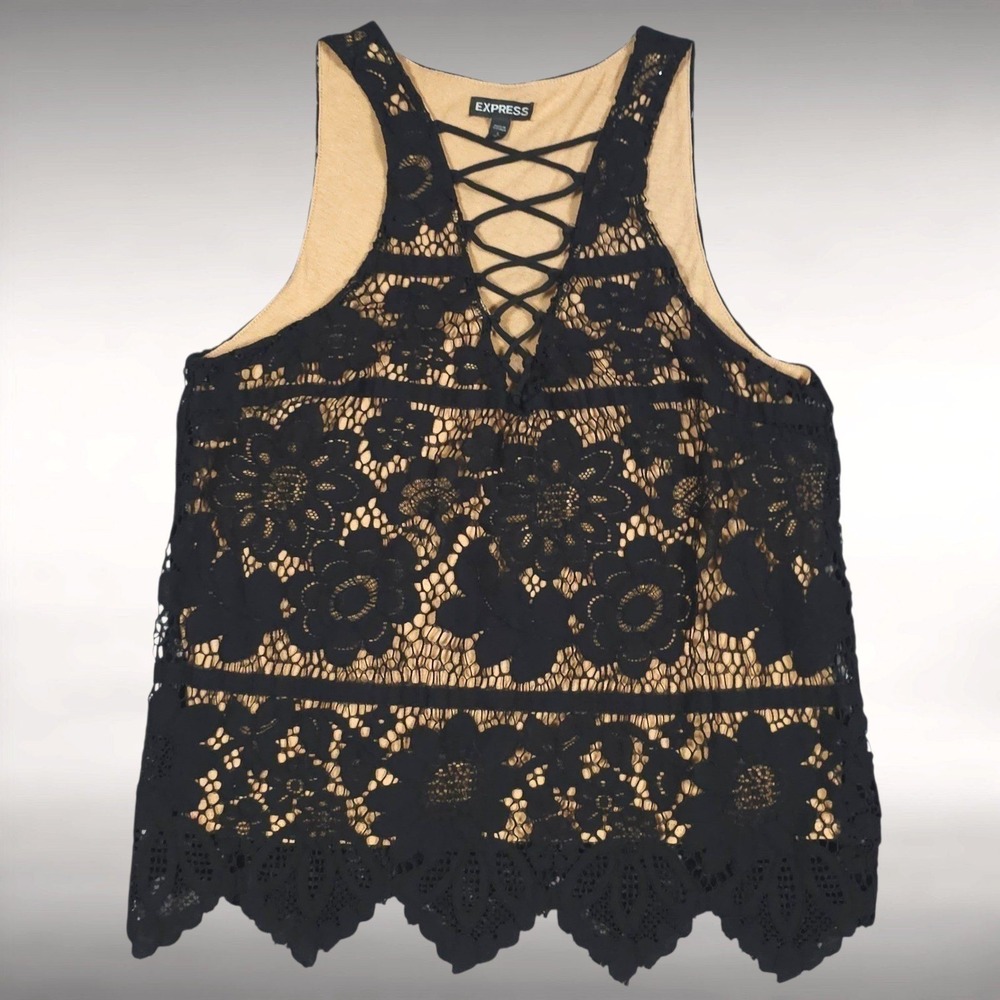 Express Black Floral Lace Criss Cross Halter Tank Top Nude Lining Womens Small S